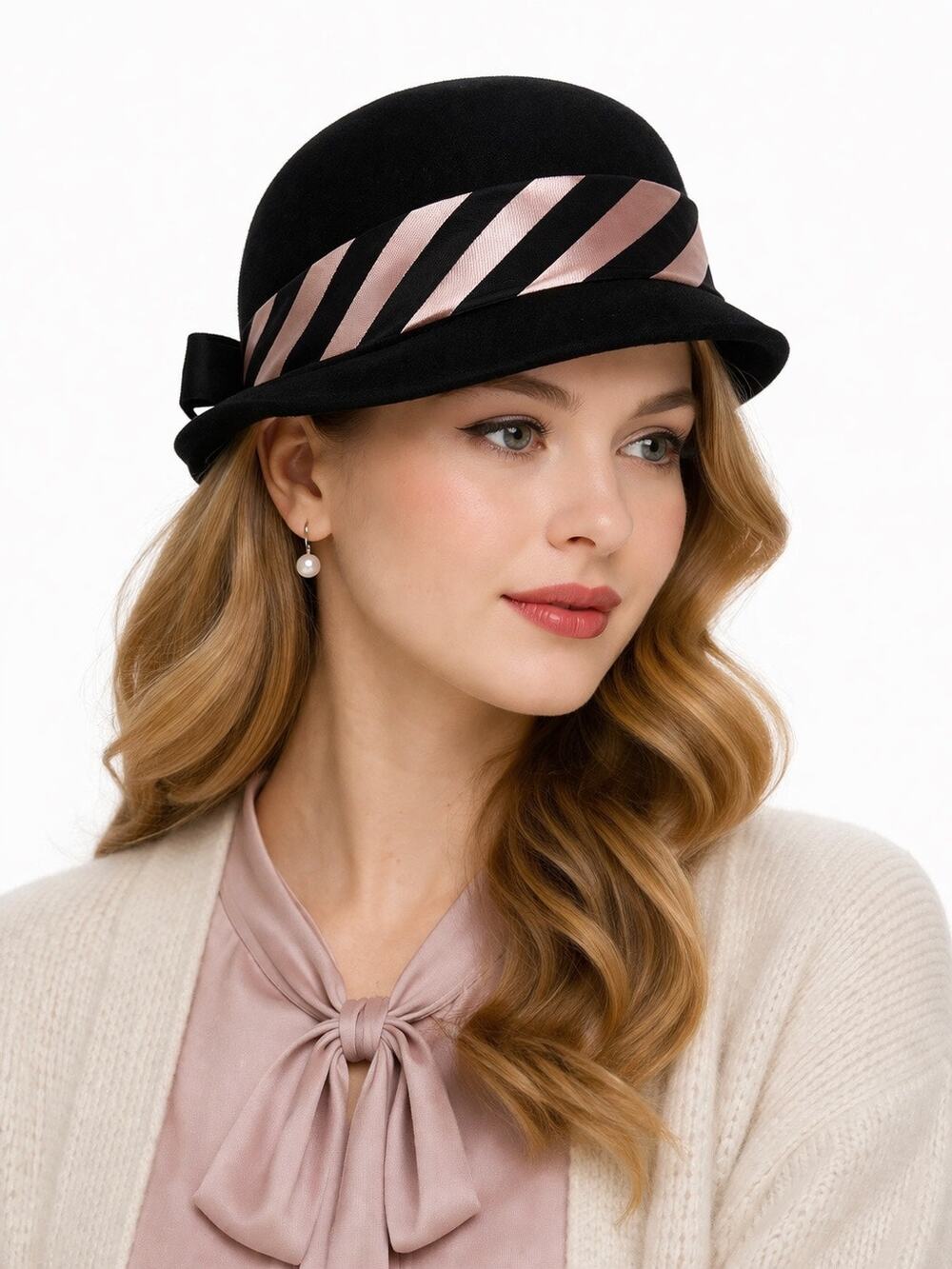1950s–60s Austelle Black Felt Bowler Hat Pink Ribbon small